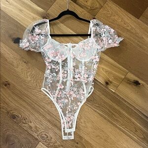Sheer floral pastel embroidered bodysuit coquette cottage lingerie fair puff